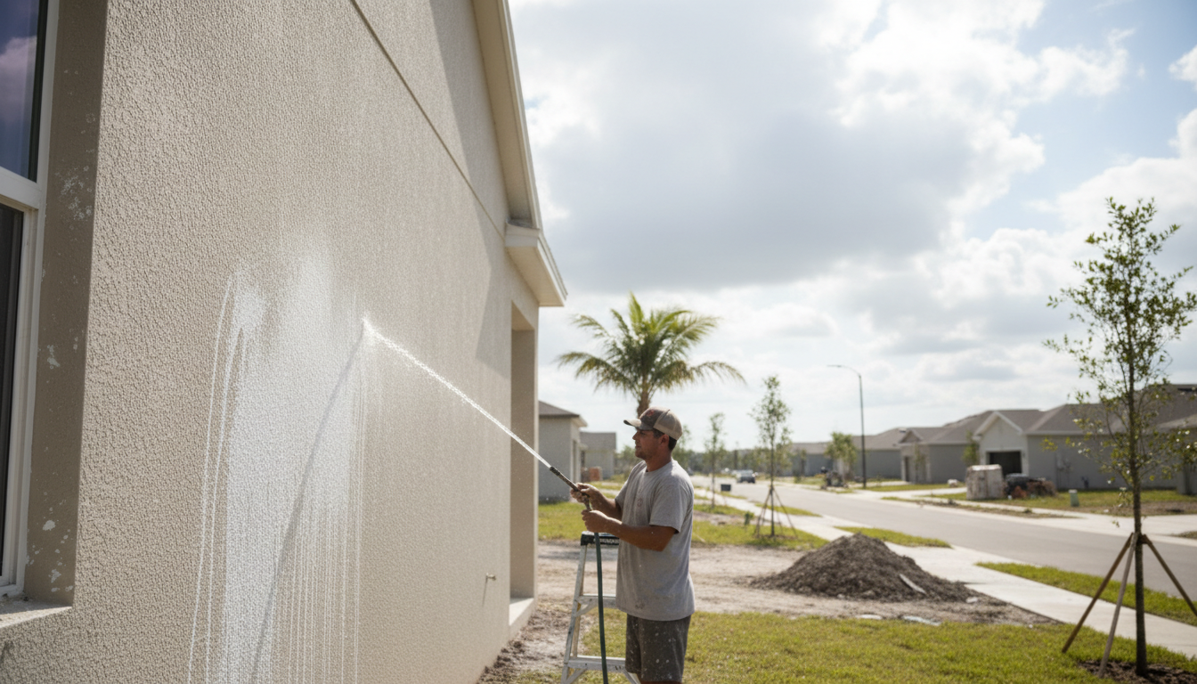 Worker rinsing stucco dust from the exterior of a newly built Florida home