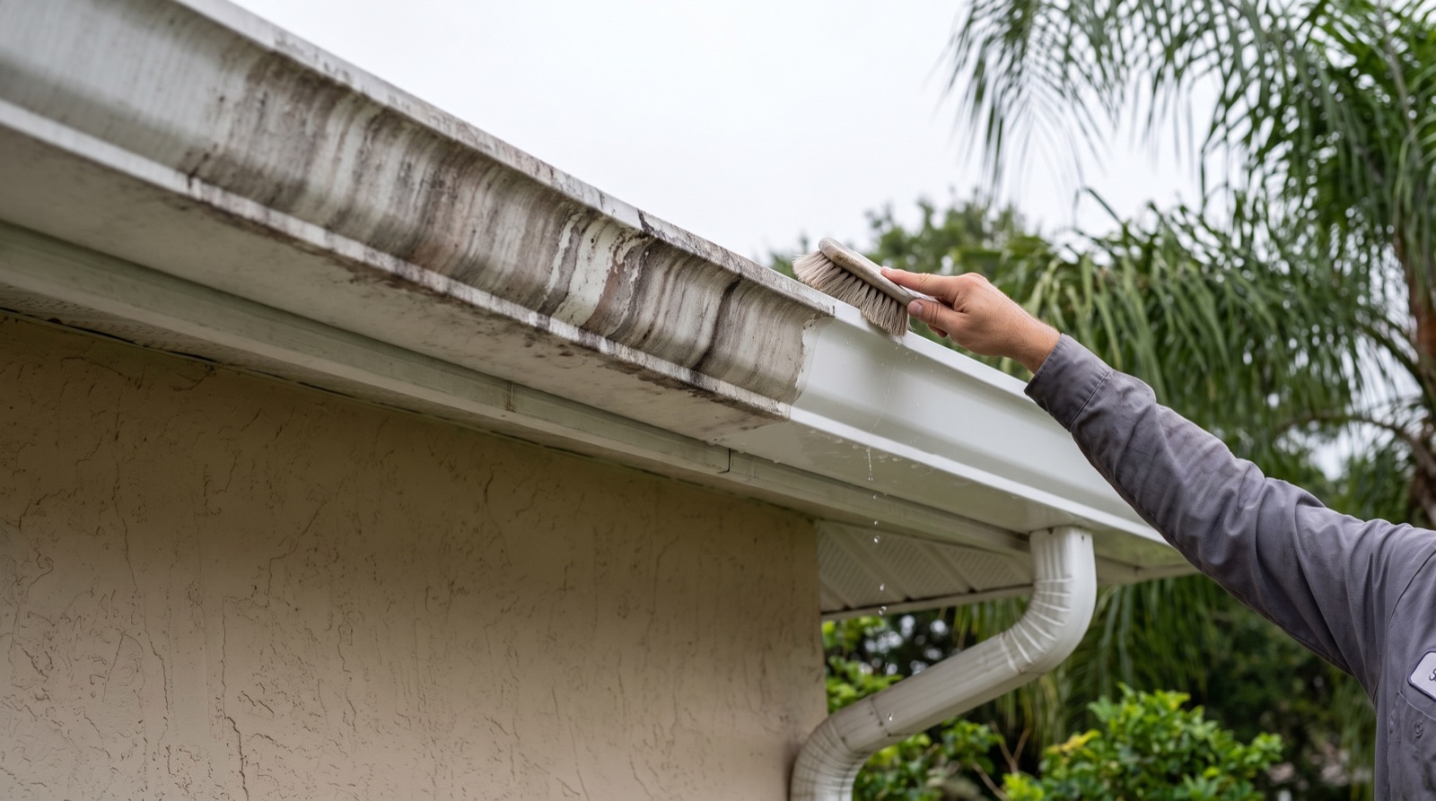 Florida home gutter half covered in grey tiger stripe streaks and half cleaned bright white