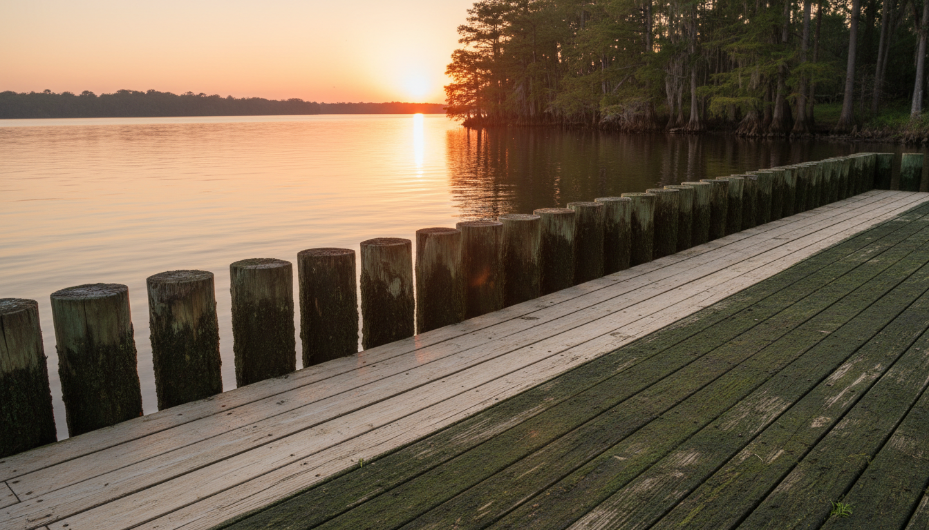 Wooden dock and seawall on the St Johns River part cleaned showing algae growth