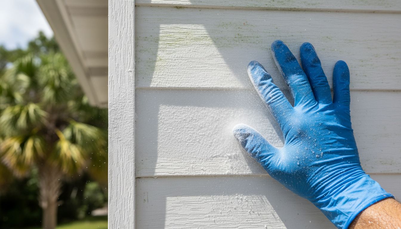 Gloved hand wiping chalky oxidized white vinyl siding on a Florida home