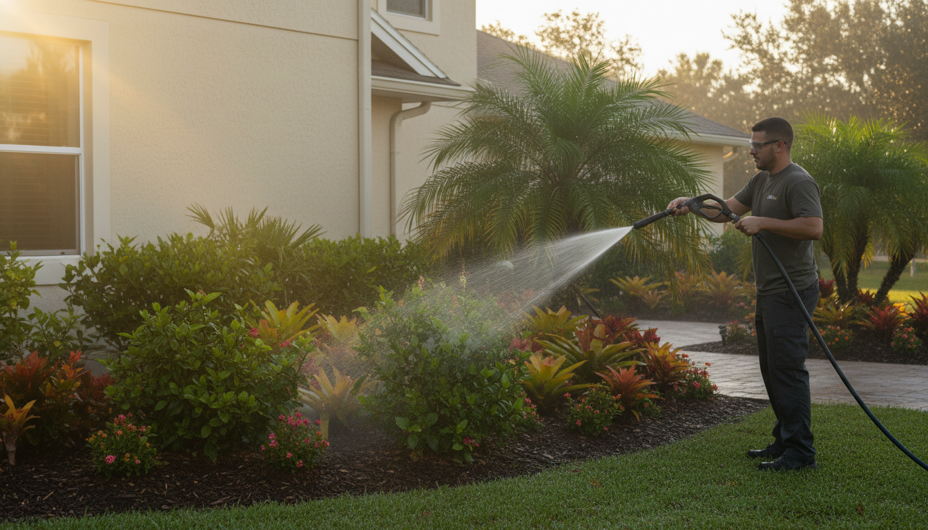 Technician wetting down shrubs with plain water before soft washing a Florida house