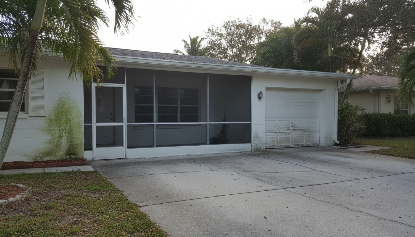 Closed up Florida vacation home with algae starting on a shaded wall