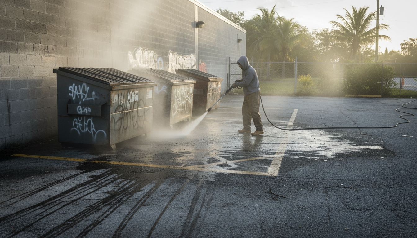 Restaurant dumpster pad behind a Florida building being cleaned with hot water