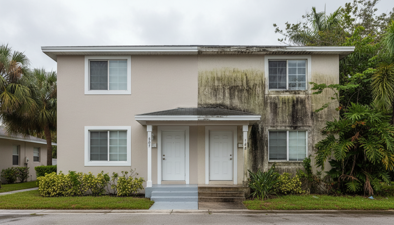 Florida rental duplex with one half clean and one half covered in algae streaks