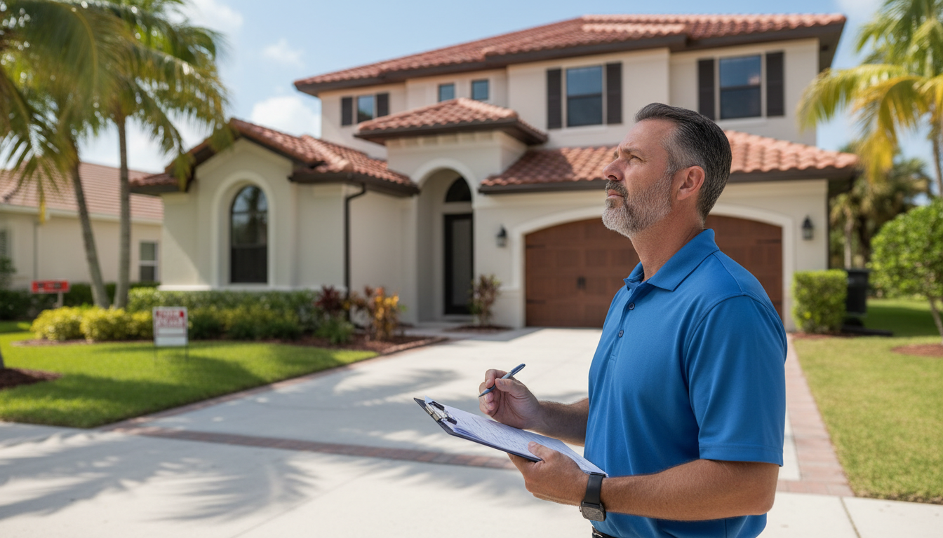 Home inspector with a clipboard examining a clean Florida house exterior