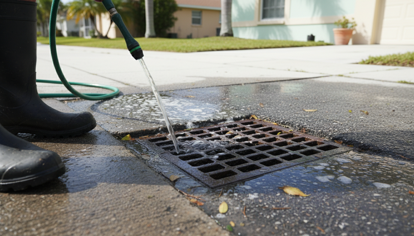 Wash water running along a Florida curb toward a storm drain grate